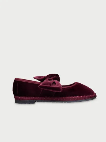 Ballerina Flabelus a Pantofola in velluto rosso scuro con profili rosso scuro e fiocco come chiusura art. Lyra Wine
