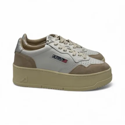 Sneakers Autry Platform Donna in Pelle Bianca e Camoscio con Spoiler Argento art. PTLW LS74