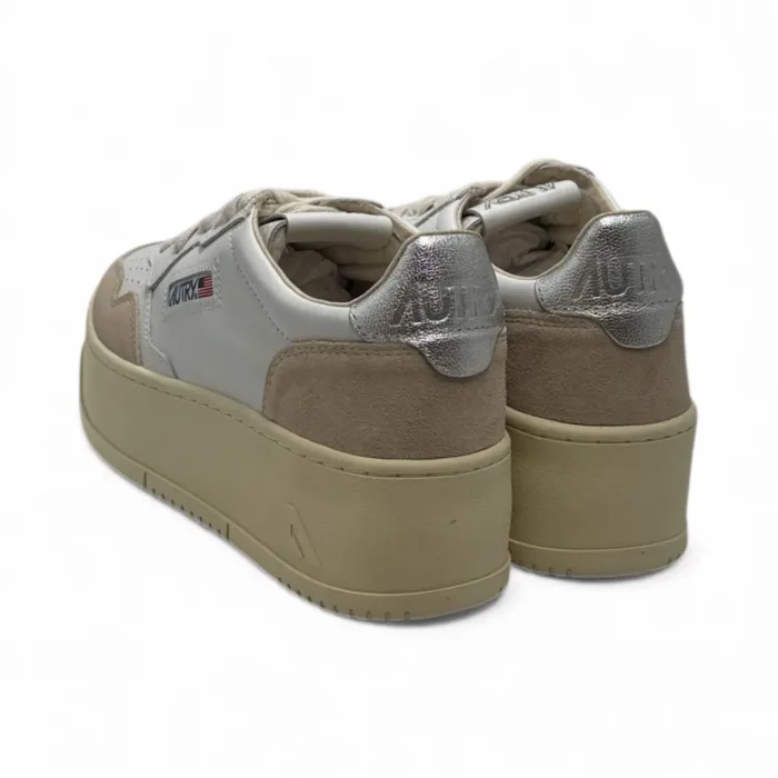 Sneakers Autry Platform Donna in Pelle Bianca e Camoscio con Spoiler Argento art. PTLW LS74, foto 5 di 5