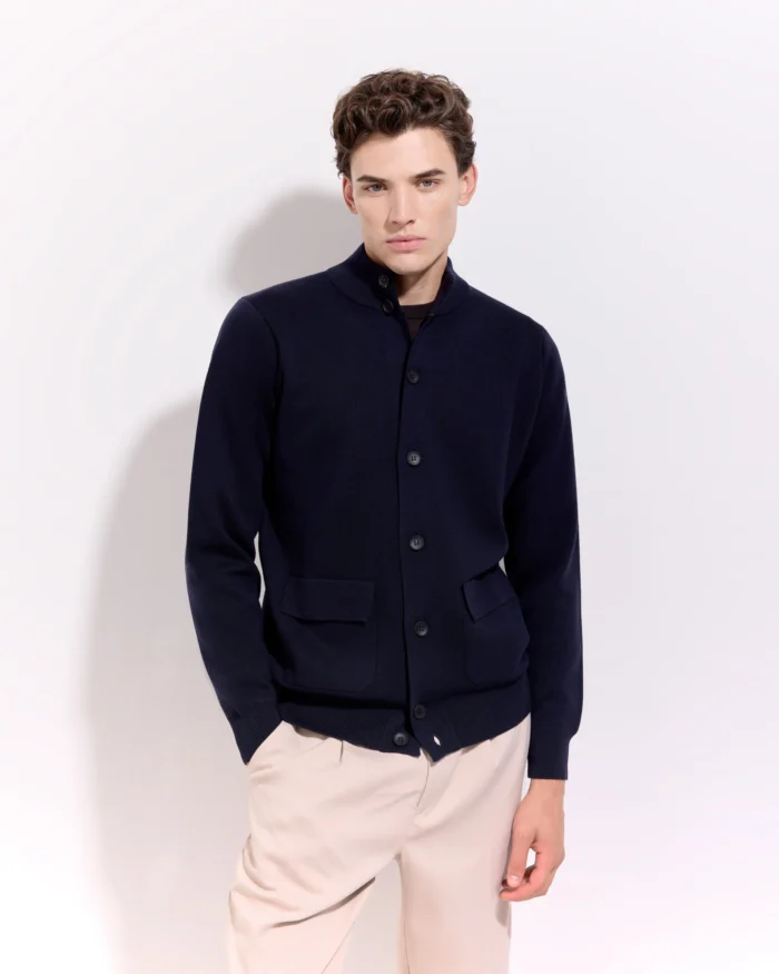 Cardigan Blouson Filippo De Laurentiis in Lana Punto Milano Blu Navy art. BB1MLT WM14M 890, foto 1 di 5