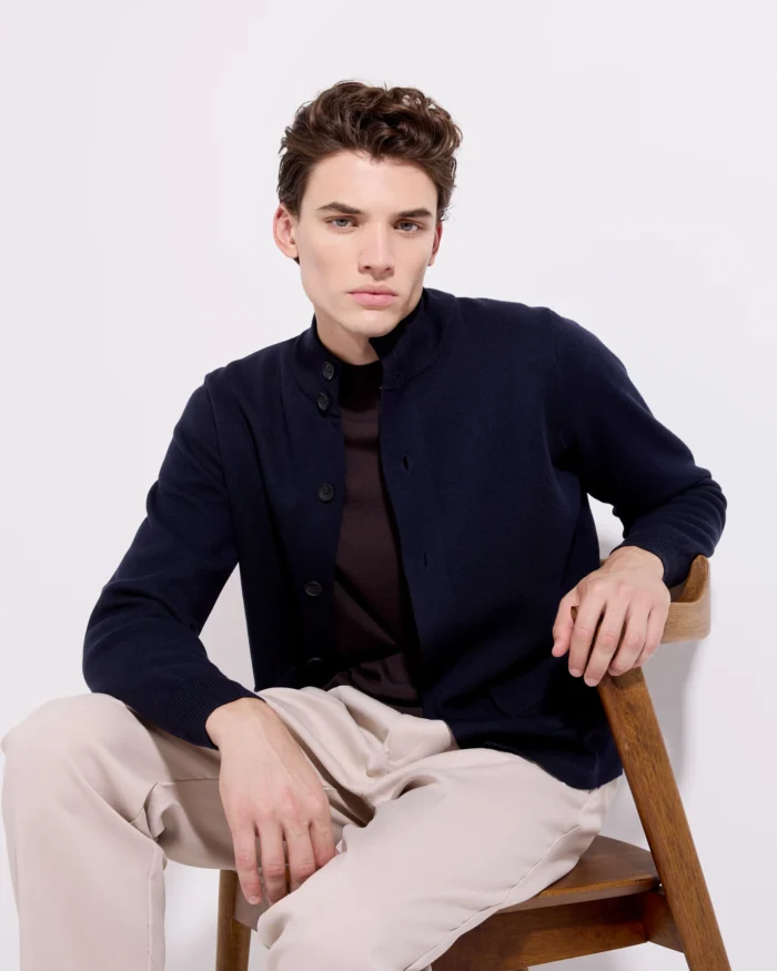 Cardigan Blouson Filippo De Laurentiis in Lana Punto Milano Blu Navy art. BB1MLT WM14M 890, foto 3 di 5