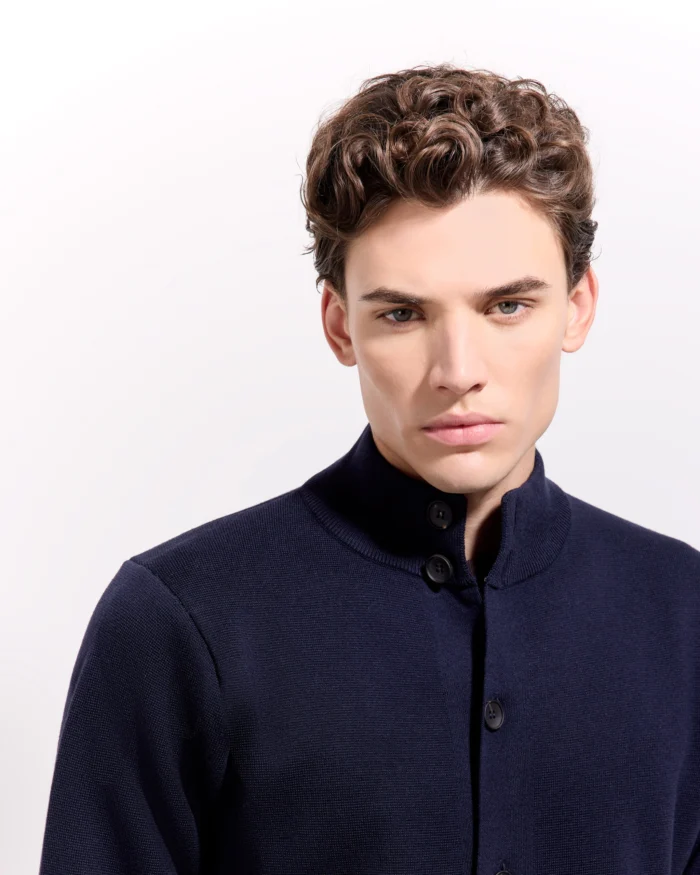 Cardigan Blouson Filippo De Laurentiis in Lana Punto Milano Blu Navy art. BB1MLT WM14M 890, foto 2 di 5