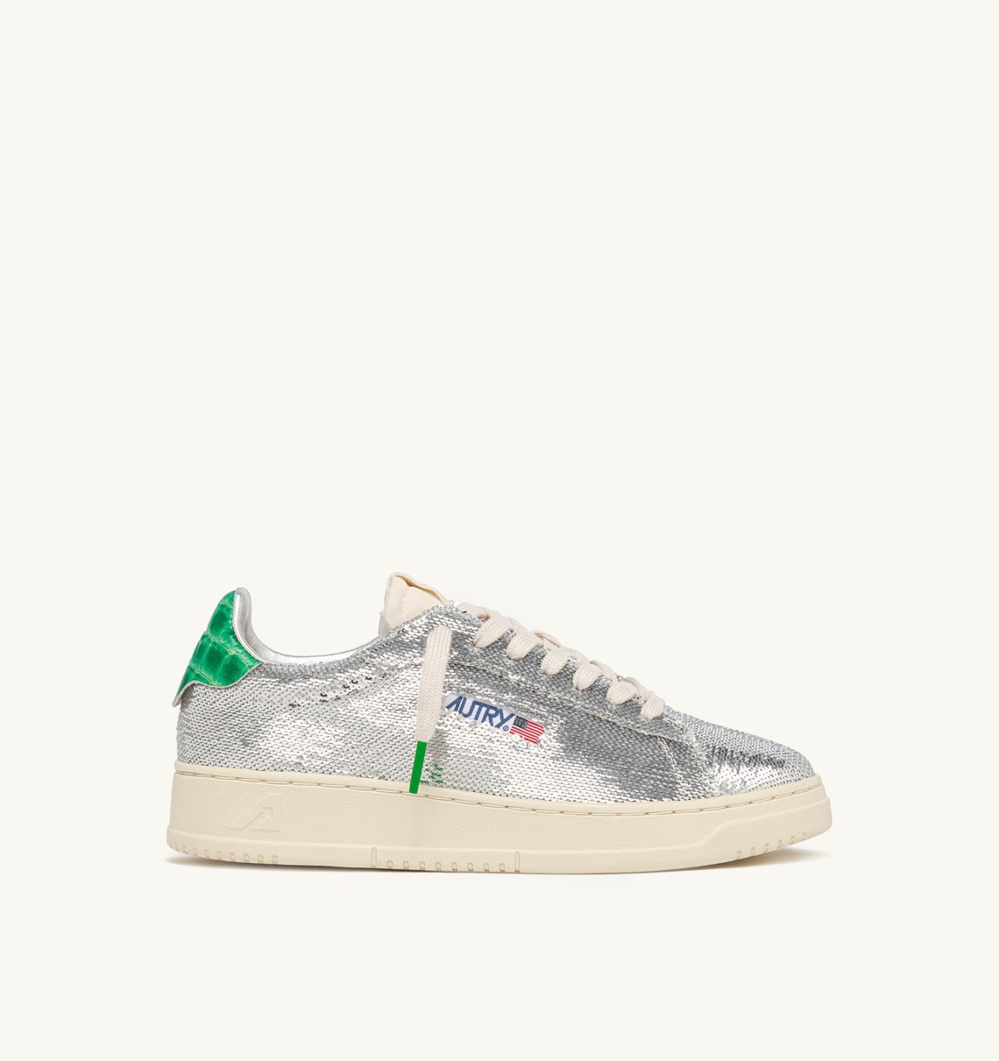 Sneakers Autry Dallas Donna con Paillettes Argento e Spoiler Verde art. ADLW TI01 - immagine 1