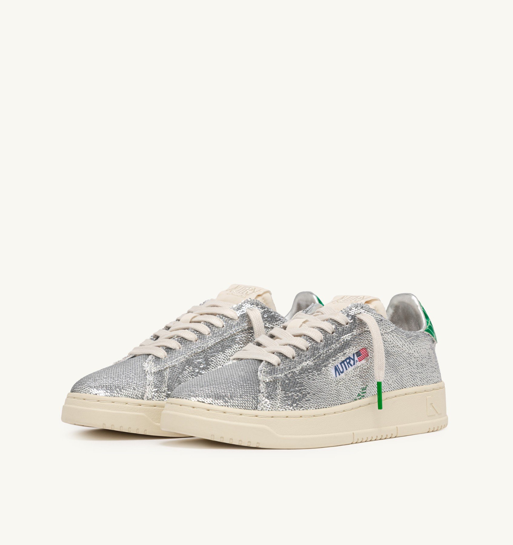 Sneakers Autry Dallas Donna con Paillettes Argento e Spoiler Verde art. ADLW TI01 - immagine 2