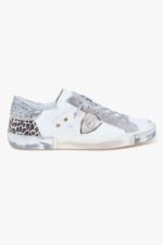Sneakers Donna Paris Prsx Philippe Model in Pelle Bianca Spoiler Glitter Argento art. PRLD VLG2