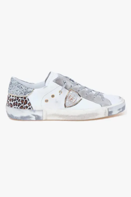 Sneakers Donna Paris Prsx Philippe Model in Pelle Bianca Spoiler Glitter Argento art. PRLD VLG2