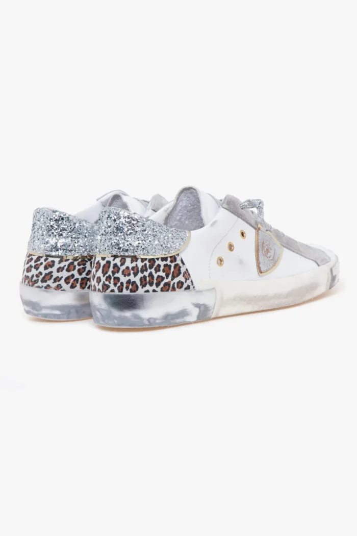 Sneakers Donna Paris Prsx Philippe Model in Pelle Bianca Spoiler Glitter Argento art. PRLD VLG2, foto 3 di 4