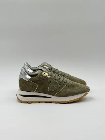 Sneakers Donna Philippe Model Tropez Haute in Camoscio Verde Militare e Spoiler Silver art. TKLD DM04