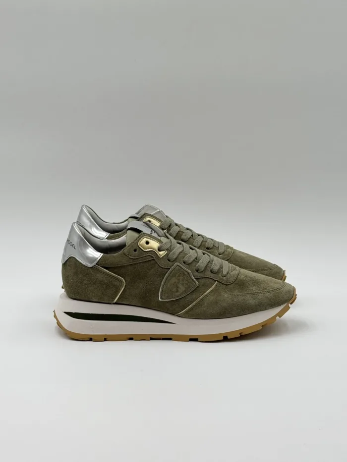 Sneakers Donna Philippe Model Tropez Haute in Camoscio Verde Militare e Spoiler Silver art. TKLD DM04, foto 1 di 6