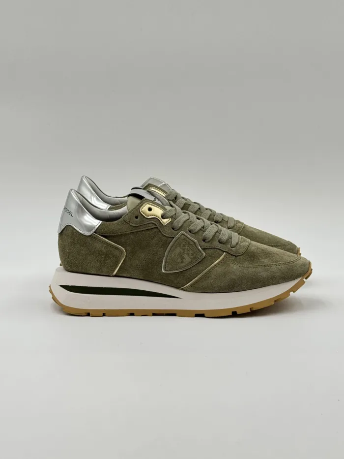Sneakers Donna Philippe Model Tropez Haute in Camoscio Verde Militare e Spoiler Silver art. TKLD DM04, foto 4 di 6