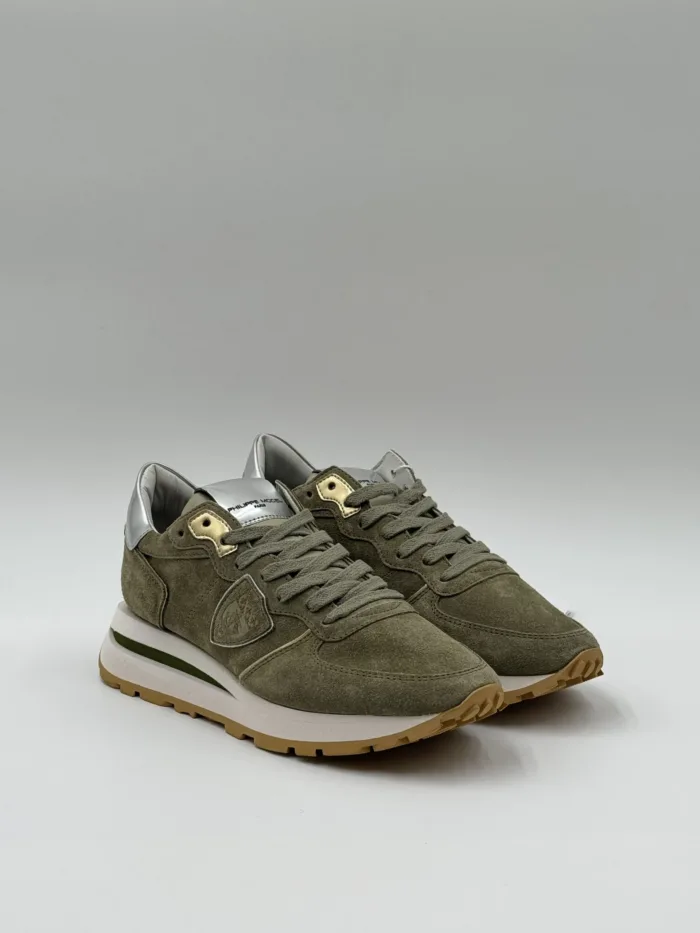 Sneakers Donna Philippe Model Tropez Haute in Camoscio Verde Militare e Spoiler Silver art. TKLD DM04, foto 2 di 6