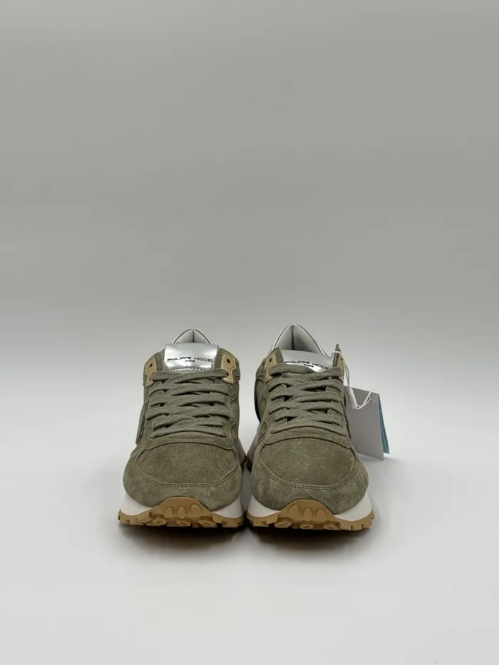 Sneakers Donna Philippe Model Tropez Haute in Camoscio Verde Militare e Spoiler Silver art. TKLD DM04, foto 3 di 6