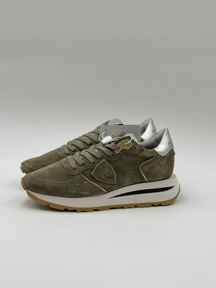 Sneakers Donna Philippe Model Tropez Haute in Camoscio Verde Militare e Spoiler Silver art. TKLD DM04, foto 5 di 6