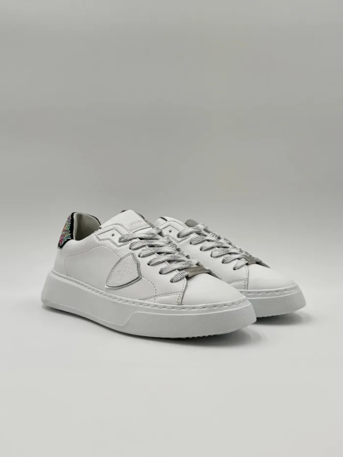 Sneakers Donna Philippe Model Temple in Pelle Bianca e Spoiler Micro Sfere Multicolor art. BTLD PA01, foto 2 di 5