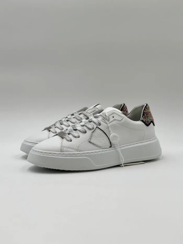 Sneakers Donna Philippe Model Temple in Pelle Bianca e Spoiler Micro Sfere Multicolor art. BTLD PA01, foto 4 di 5