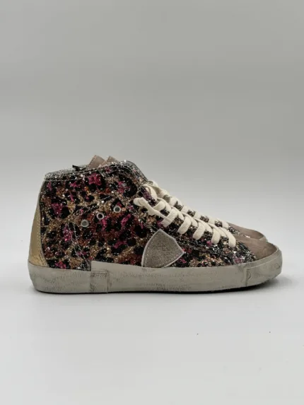 Sneakers Stivaletto Donna Philippe Model Paris Prsx High in Tela Glitter Multicolor Stampa Leopardata art. PRHD AG01