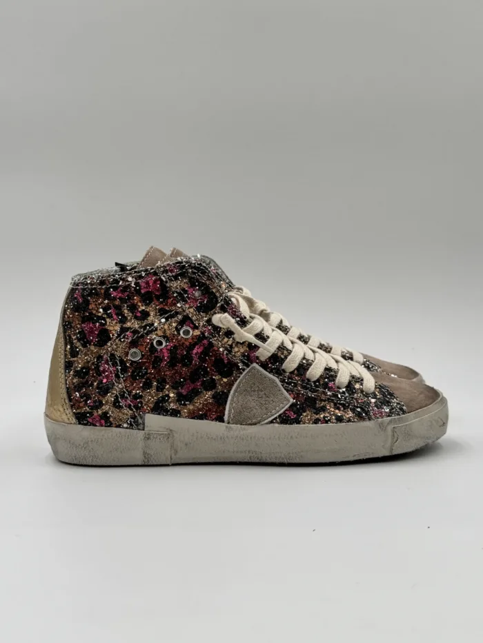 Sneakers Stivaletto Donna Philippe Model Paris Prsx High in Tela Glitter Multicolor Stampa Leopardata art. PRHD AG01, foto 1 di 5