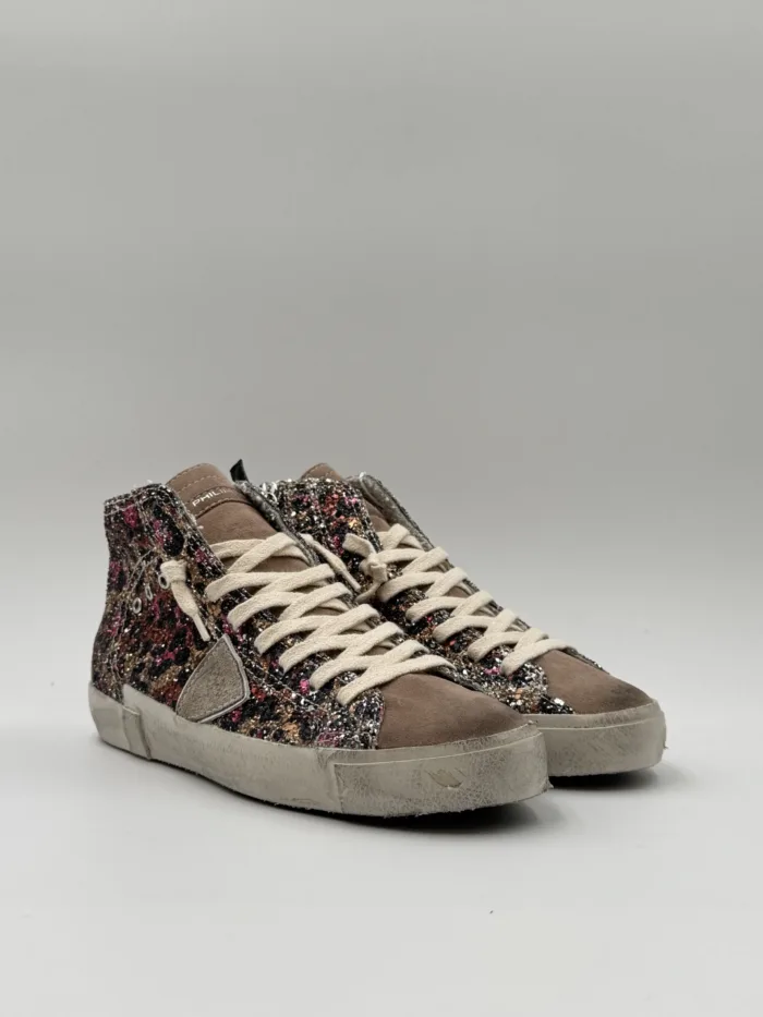 Sneakers Stivaletto Donna Philippe Model Paris Prsx High in Tela Glitter Multicolor Stampa Leopardata art. PRHD AG01, foto 2 di 5