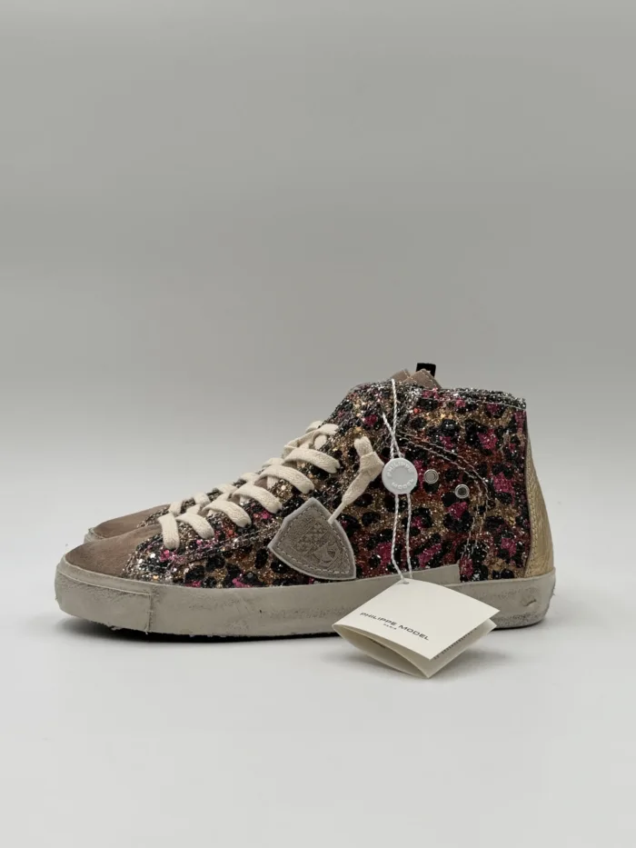 Sneakers Stivaletto Donna Philippe Model Paris Prsx High in Tela Glitter Multicolor Stampa Leopardata art. PRHD AG01, foto 4 di 5