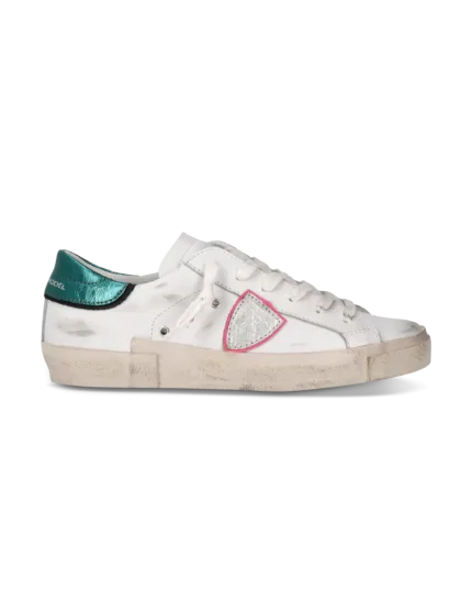 Sneakers Donna Paris Prsx Philippe Model in Pelle Bianca e Spoiler in Vernice Verde art. PRLD VM01