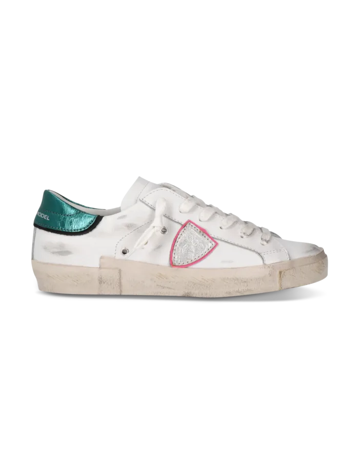 Sneakers Donna Paris Prsx Philippe Model in Pelle Bianca e Spoiler in Vernice Verde art. PRLD VM01, foto 1 di 1
