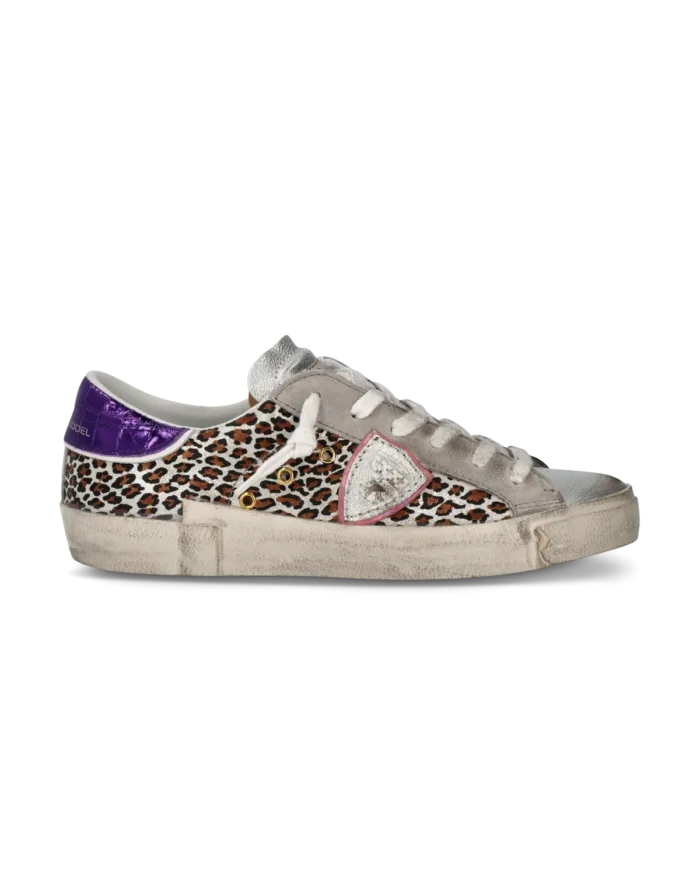 Sneakers Donna Paris Prsx Philippe Model in Pelle Argento con Dettagli Maculati e Spoiler Viola art. PRLD XL04, foto 1 di 4