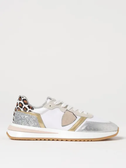 Sneakers Donna Philippe Model Tropez 2.1 in Tessuto Bianco Dettagli Oro e Spoiler Leopardato cod. TYLD WML1