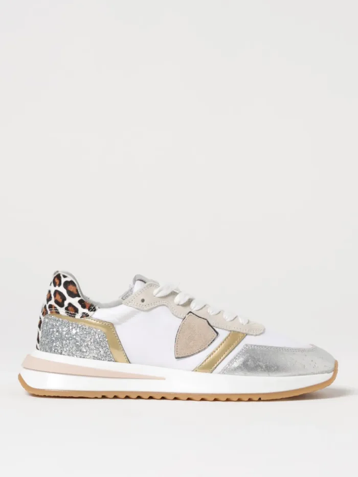 Sneakers Donna Philippe Model Tropez 2.1 in Tessuto Bianco Dettagli Oro e Spoiler Leopardato cod. TYLD WML1, foto 1 di 3