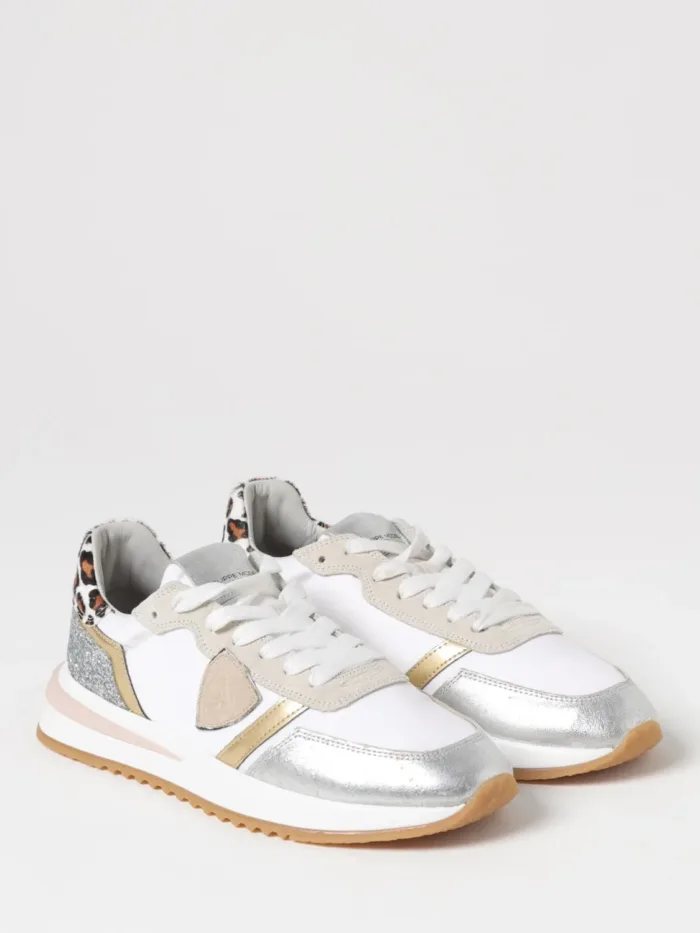 Sneakers Donna Philippe Model Tropez 2.1 in Tessuto Bianco Dettagli Oro e Spoiler Leopardato cod. TYLD WML1, foto 2 di 3
