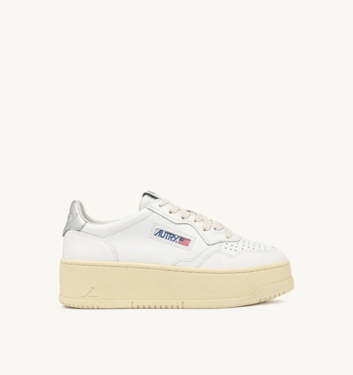 Sneakers Autry Platform Donna in Pelle Bianca con Spoiler Argento art. PTLW LL05, foto 1 di 4