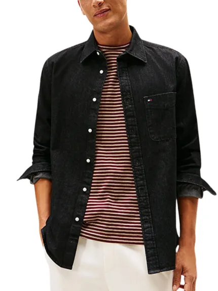 Camicia Uomo Tommy Hilfiger regular fit in Black Denim con bandierina cod MW0MW40494 1BY