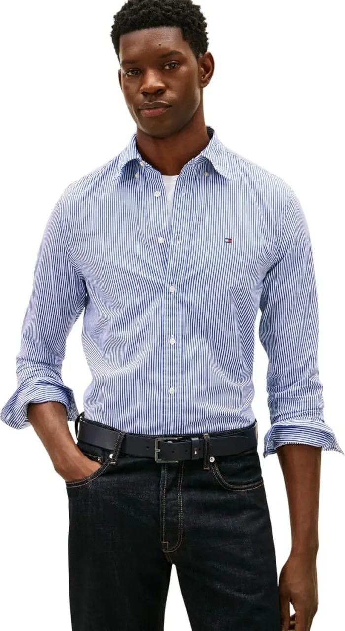 Camicia Uomo Tommy Hilfiger TH Flex regular fit in Cotone a righe Blu Fondo Bianco cod MW0MW41403 0A4, foto 2 di 3
