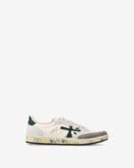 Sneakers Premiata Uomo in Pelle Avorio Dettagli in Camoscio Grigio Spoiler Verde art. Bskt Clay 7623