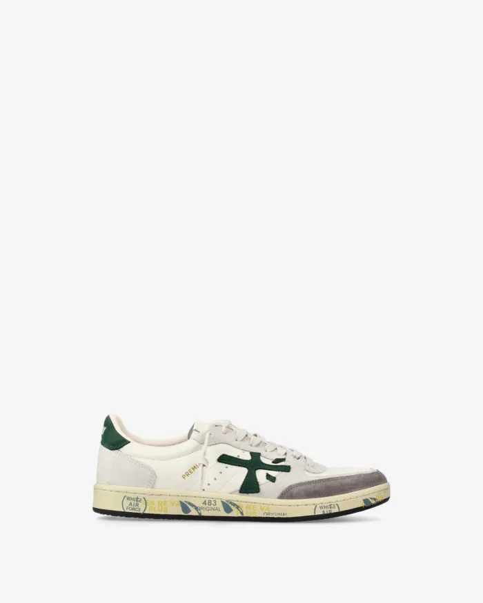 Sneakers Premiata Uomo in Pelle Avorio Dettagli in Camoscio Grigio Spoiler Verde art. Bskt Clay 7623, foto 1 di 4