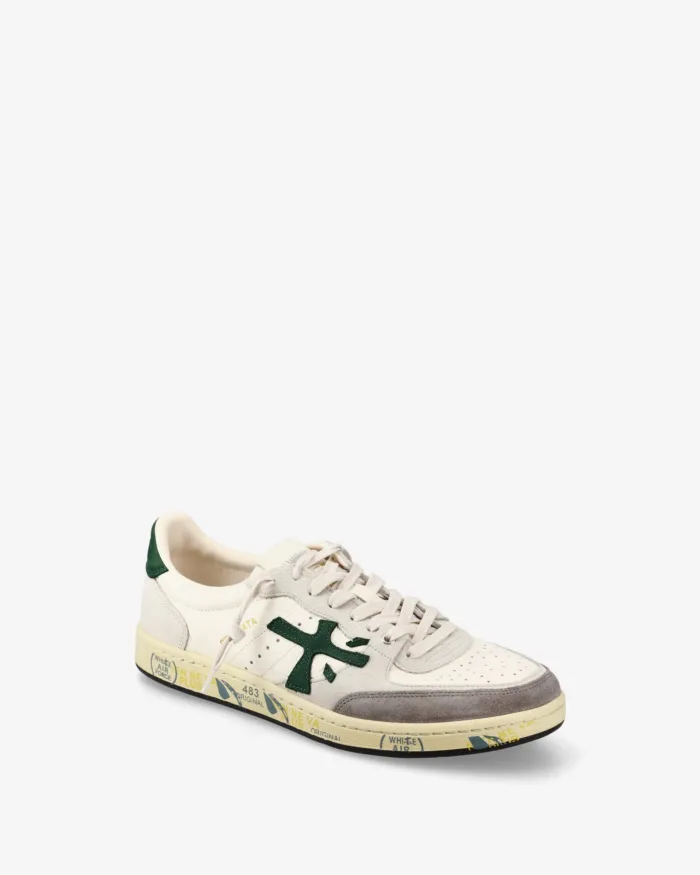 Sneakers Premiata Uomo in Pelle Avorio Dettagli in Camoscio Grigio Spoiler Verde art. Bskt Clay 7623, foto 2 di 4