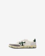 Sneakers Premiata Uomo in Pelle Avorio Dettagli in Camoscio Grigio Spoiler Verde art. Bskt Clay 7623 - immagine 3