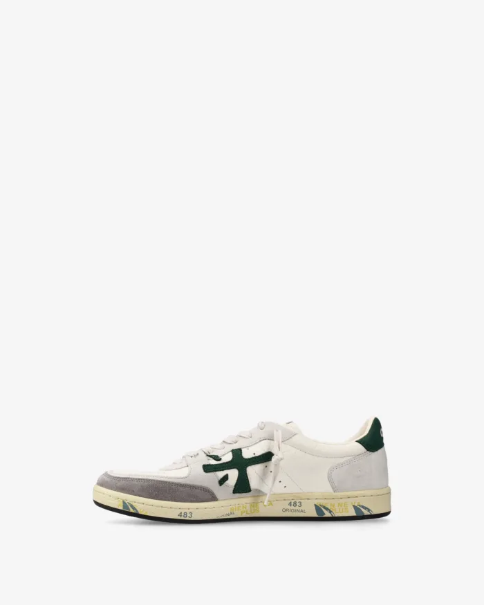 Sneakers Premiata Uomo in Pelle Avorio Dettagli in Camoscio Grigio Spoiler Verde art. Bskt Clay 7623, foto 3 di 4