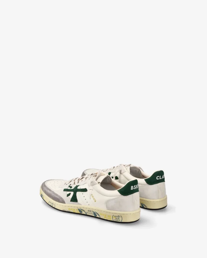 Sneakers Premiata Uomo in Pelle Avorio Dettagli in Camoscio Grigio Spoiler Verde art. Bskt Clay 7623, foto 4 di 4