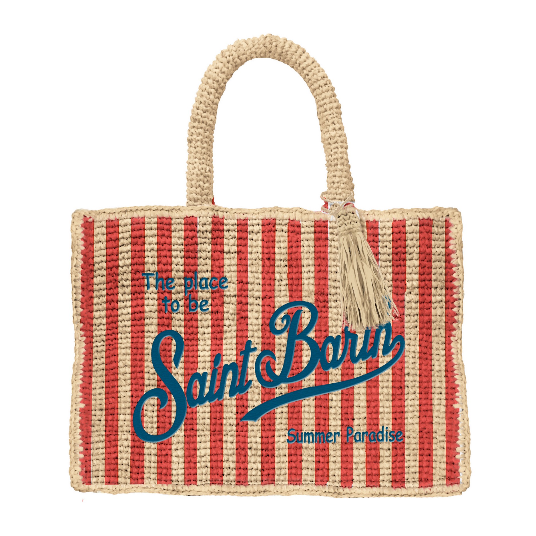 COLETTE RAFFIA_STRIPES MINI V 41 EMB Borsa Media A Mano Mc2 Saint Barth in Rafia Beige e Rossa a Righe Scritta Blu art. Colette Raffia Stripes Mini V 41 EMB - immagine 1