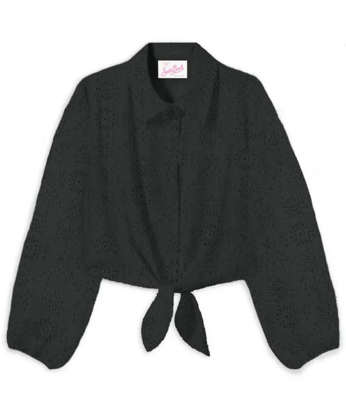 Camicia Crop Top Mc2 Saint Barth in Sangallo Nero art. Febby Linen Morris Flower Embry 00, foto 1 di 1