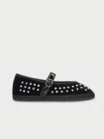 Ballerina Flabelus in Velluto Nero con scollo a V profili neri e borchie argentate art. Mae Black