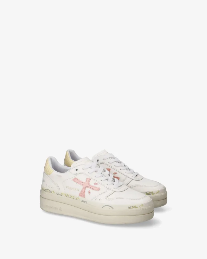 Sneakers Premiata Donna In Pelle Bianca e Spoiler Giallo art. Micol 8196, foto 4 di 5