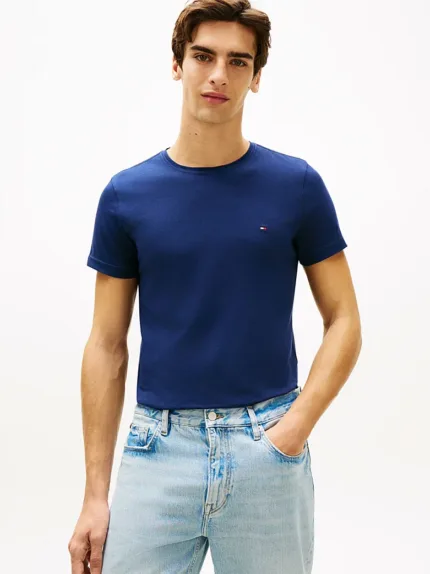 T-shirt slim fit in cotone Uomo Tommy Hilfiger Blu Notte con Bandierina ricamata art. MW0MW10800 DCC