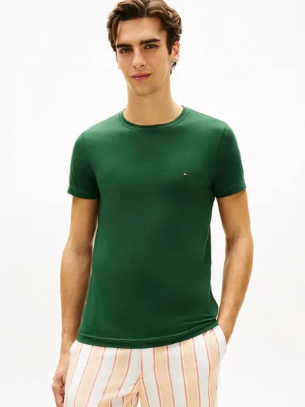 T-shirt slim fit in cotone Uomo Tommy Hilfiger Verde con Bandierina ricamata art. MW0MW10800 MBN