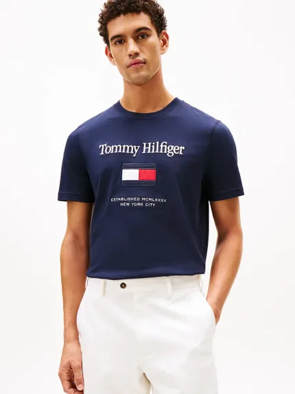 T-shirt Uomo Tommy Hilfiger Regular fit Blu Notte in Cotone con Logo Frontale in Rilievo cod MW0MW42736 DW5