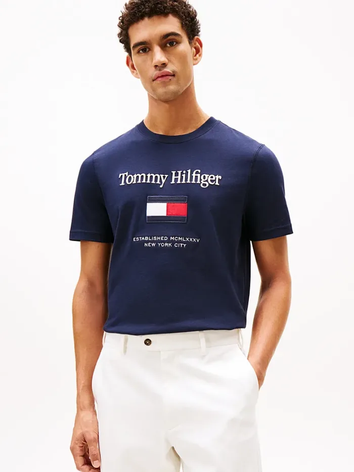 T-shirt Uomo Tommy Hilfiger Regular fit Blu Notte in Cotone con Logo Frontale in Rilievo cod MW0MW42736 DW5, foto 1 di 5