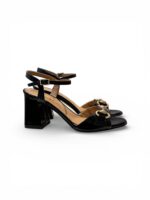 Sandali Donna con Cinturino alla Caviglia Le Moc in Pelle Lucida Nera  con Morsetto Oro Tacco 8 cm art. Mia Verlux Nero