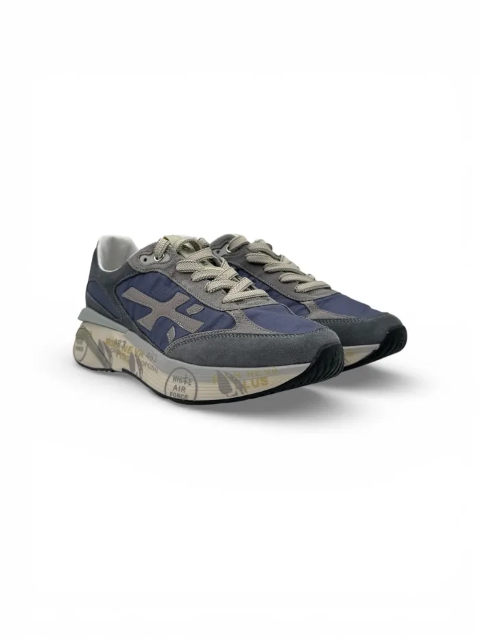 Sneakers Premiata Uomo in Camoscio Grigio e Nylon Blu art. Moerun 8077, foto 2 di 5
