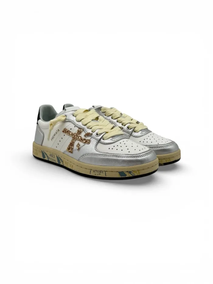 Sneakers Premiata Donna in Pelle Bianca e Argento art. Bskt Clayd 8170, foto 2 di 5