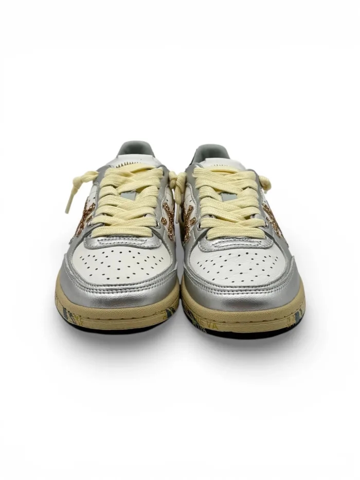Sneakers Premiata Donna in Pelle Bianca e Argento art. Bskt Clayd 8170, foto 3 di 5